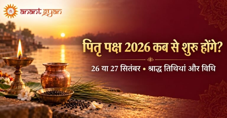 नदी किनारे दीपक, तर्पण सामग्री और पितृ पक्ष 2026 की तारीख वाला Anant Gyan ब्लॉग बैनर