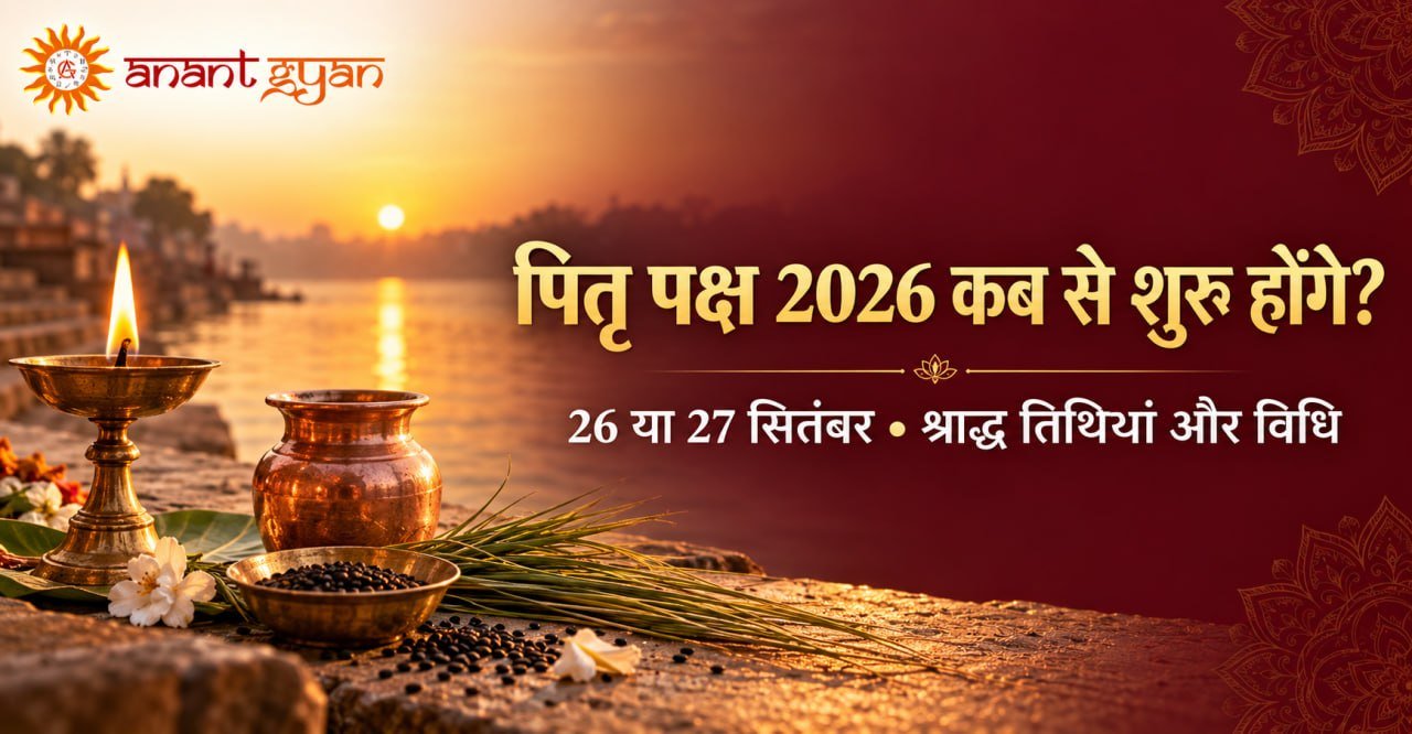 नदी किनारे दीपक, तर्पण सामग्री और पितृ पक्ष 2026 की तारीख वाला Anant Gyan ब्लॉग बैनर