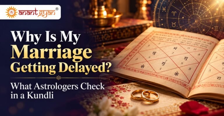 Kundli chart and wedding rings illustrating marriage delay and Vedic astrology