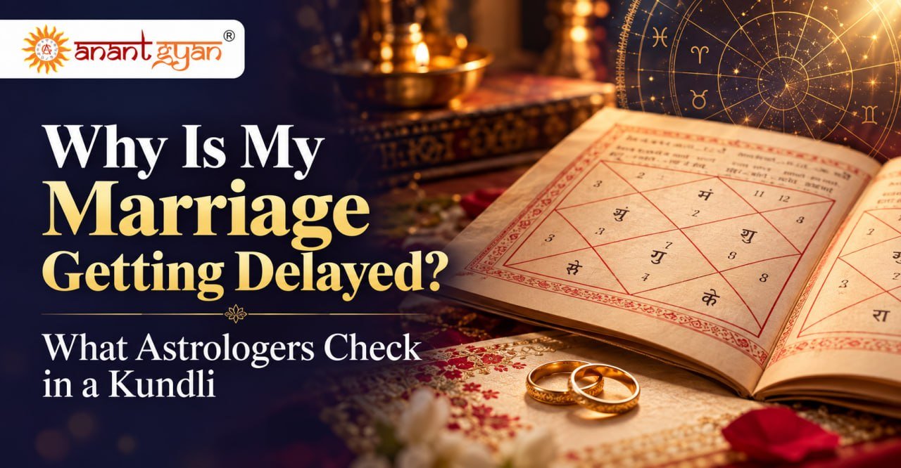 Kundli chart and wedding rings illustrating marriage delay and Vedic astrology